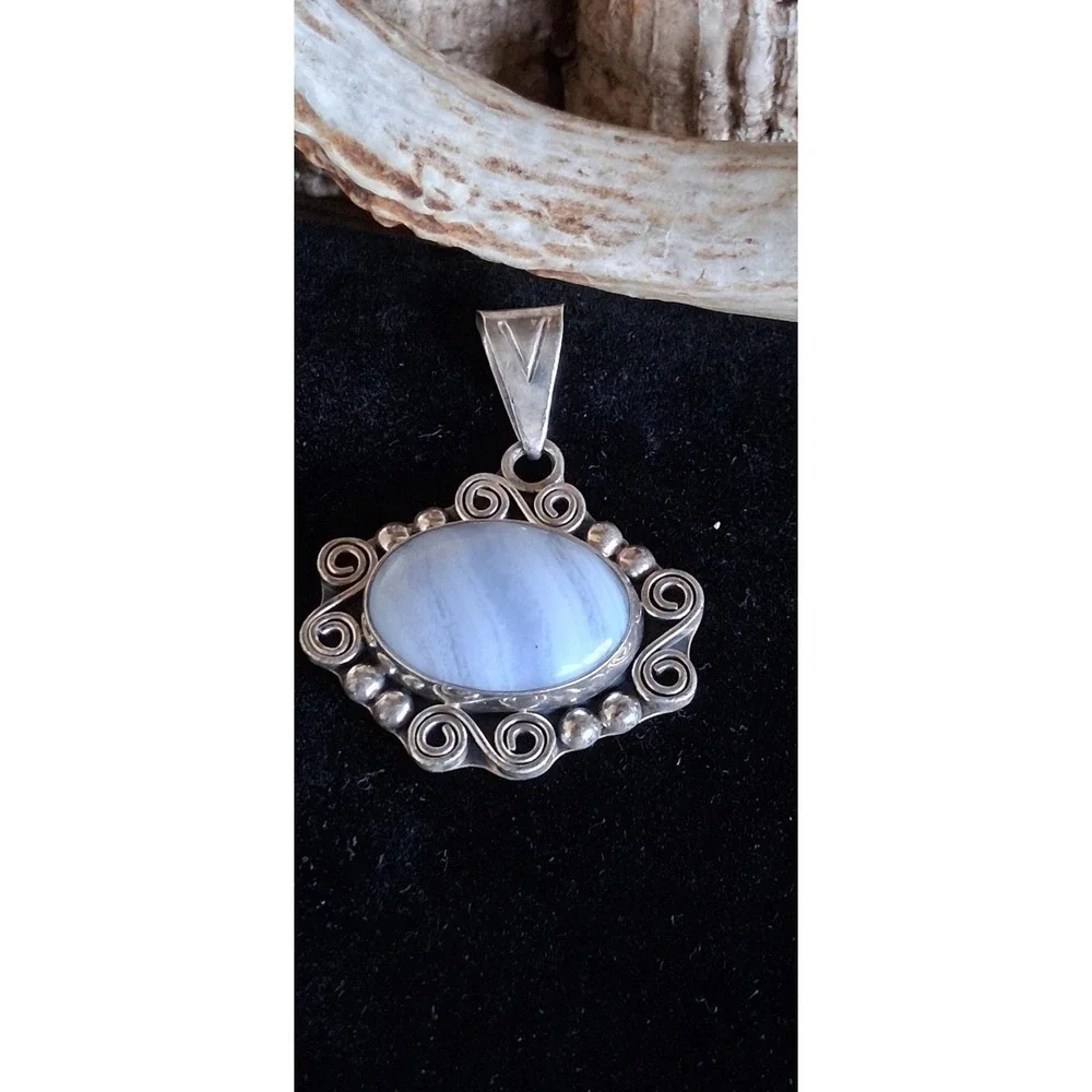 Sterling Silver CII Mexico Blue Lace Agate Pendant 925